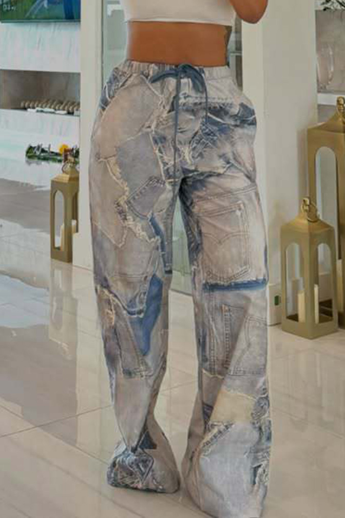 Women's Printed Elastic Waist Drawstring Wide-Leg Pants