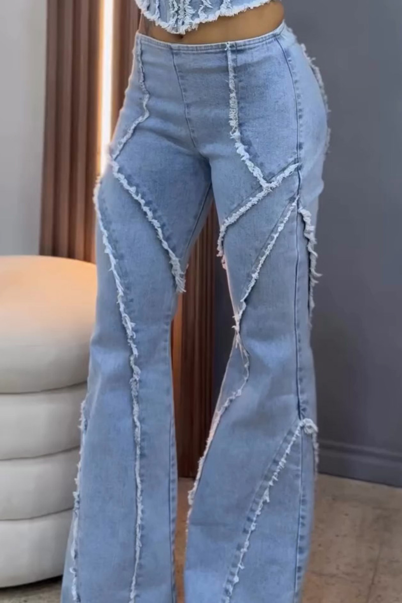 Women's Vintage Wash Patchwork Jeans With Raw Frayed Hems