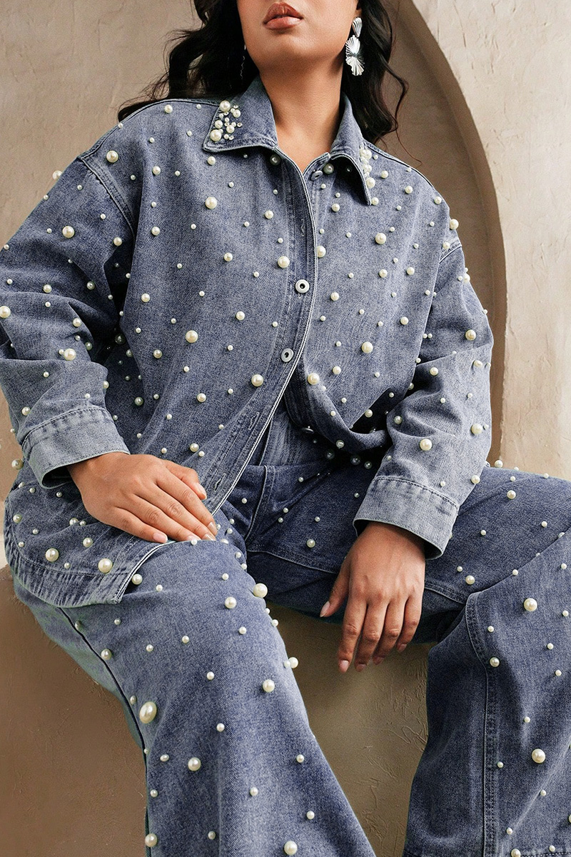 Women's Asymmetric Beaded Denim Jacket With Matching Jeans Sets