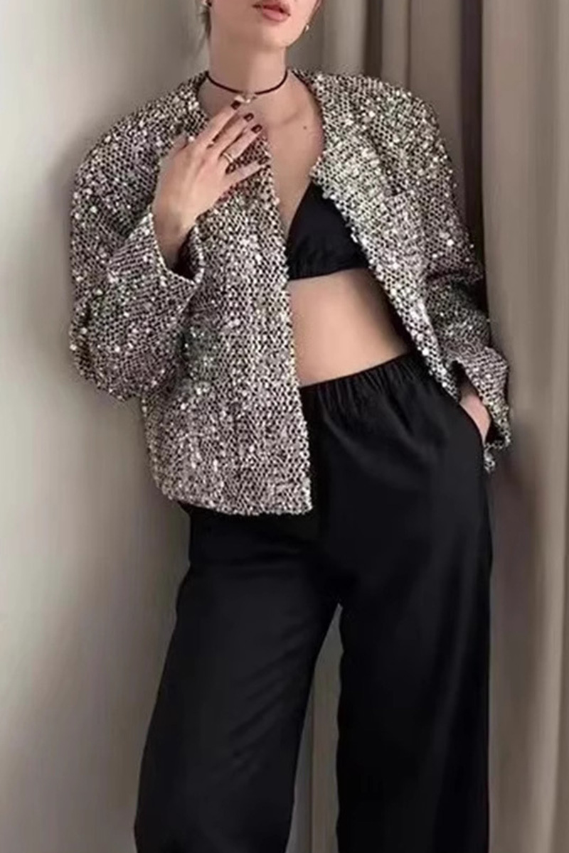 Women's Round Neck Sequin Embellished Tweed Blazer