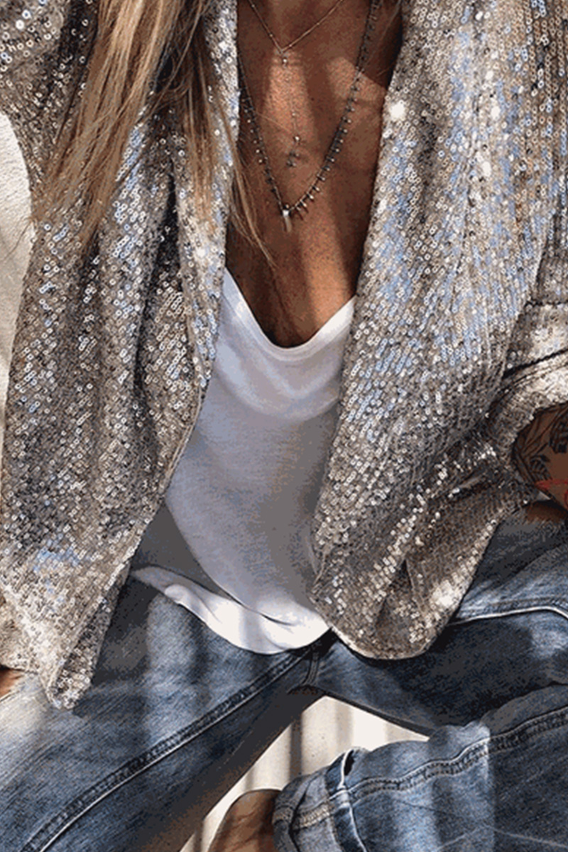 Ladies Elegant Sequin Long Sleeve Lapel Blazer