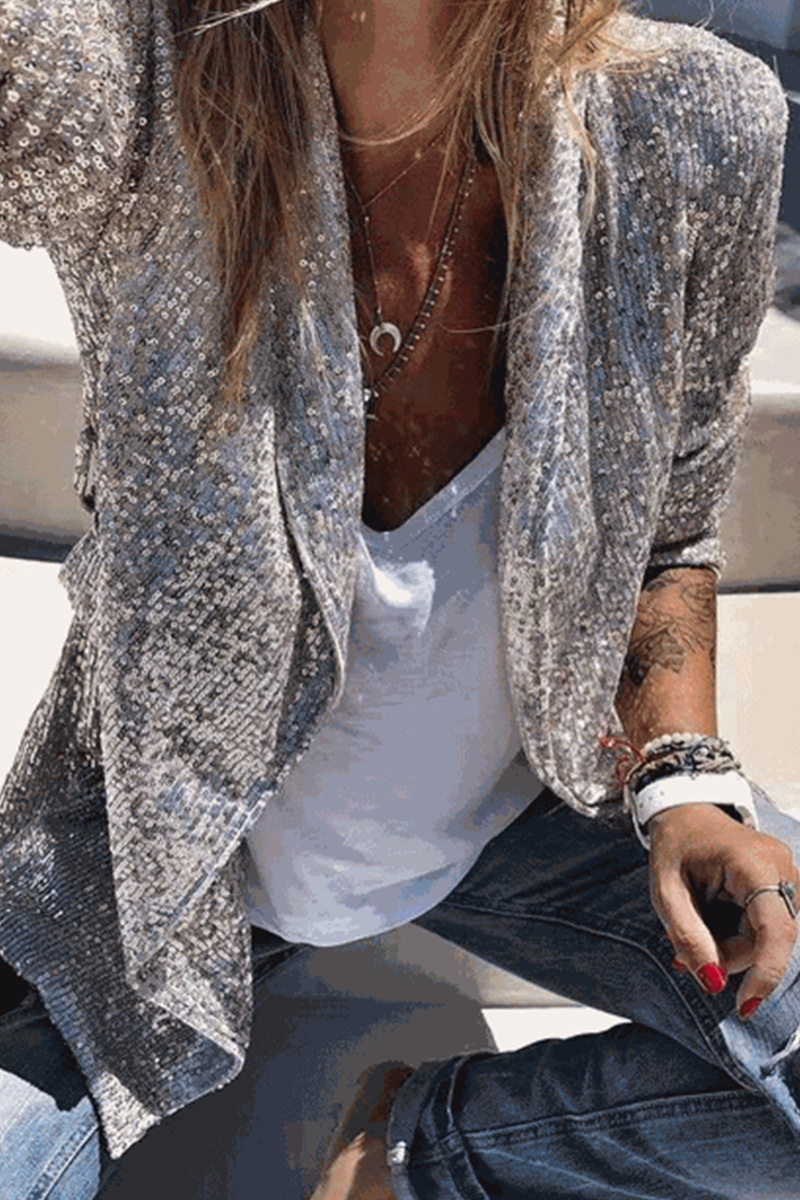 Ladies Elegant Sequin Long Sleeve Lapel Blazer