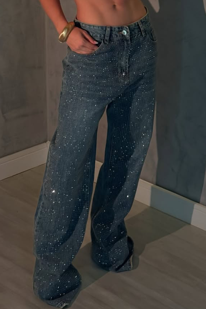 Women's Rhinestone Washed Casual Floor-Length Jeans
