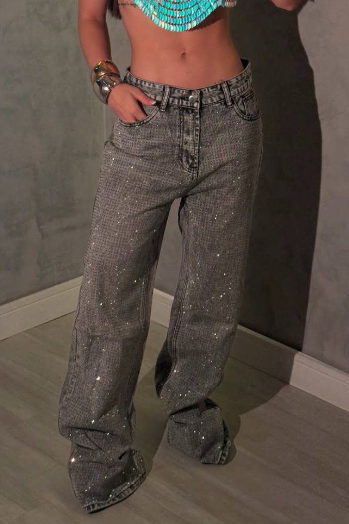 Women's Rhinestone Washed Casual Floor-Length Jeans