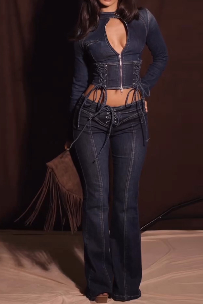 Women's Belted Waist Long Sleeve Top And Matching Jeans Sets