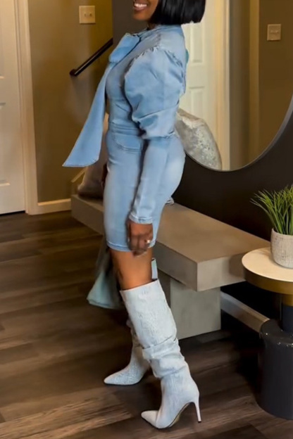 Women's Bow Bubble Sleeve A-Line Silhouette Denim Dress