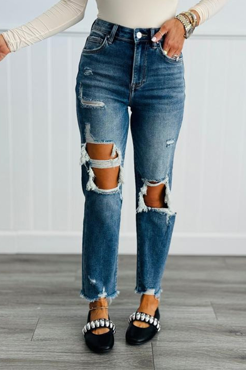 Women's Distressed Knee Rips High Waist Skinny Jeans