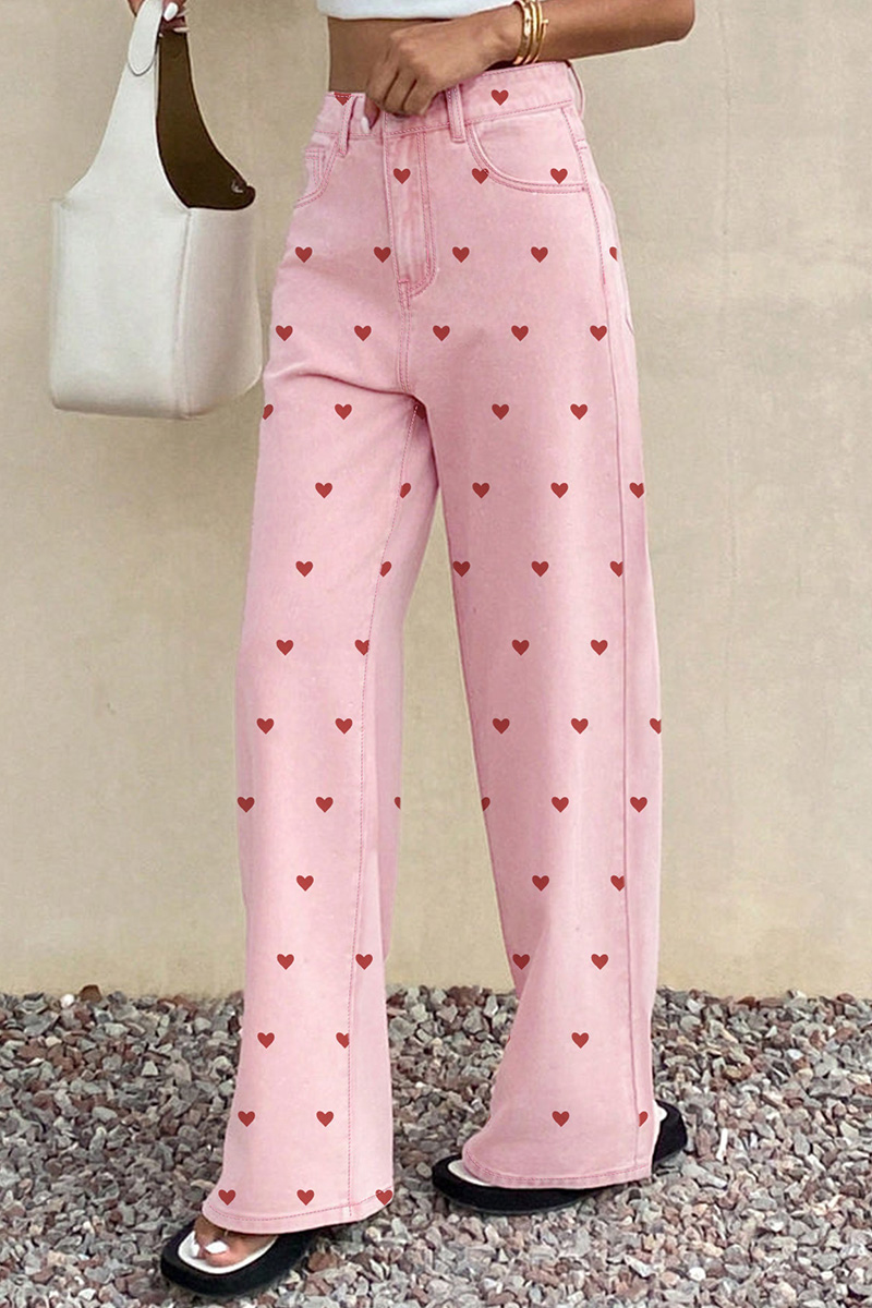 Women's Trendy Pink Jeans With Heart Pattern