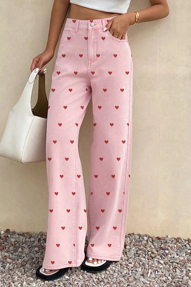 Women's Trendy Pink Jeans With Heart Pattern