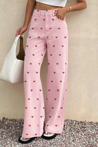 Women's Trendy Pink Jeans With Heart Pattern