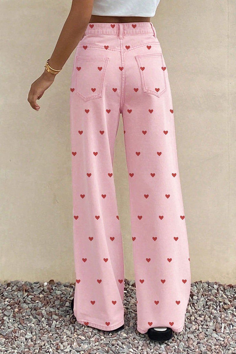 Women's Trendy Pink Jeans With Heart Pattern