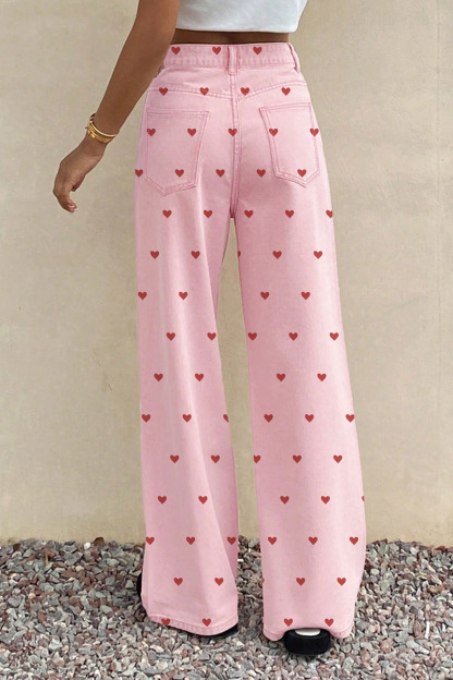 Women's Trendy Pink Jeans With Heart Pattern