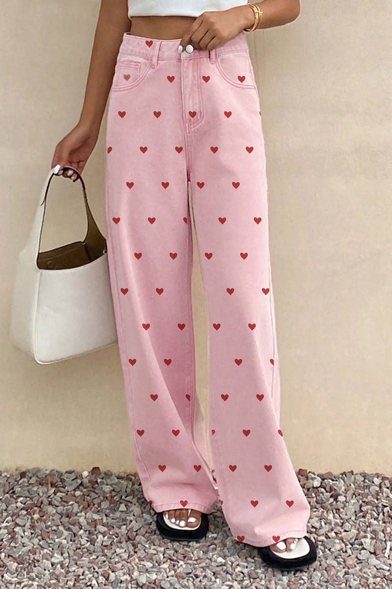 Women's Trendy Pink Jeans With Heart Pattern