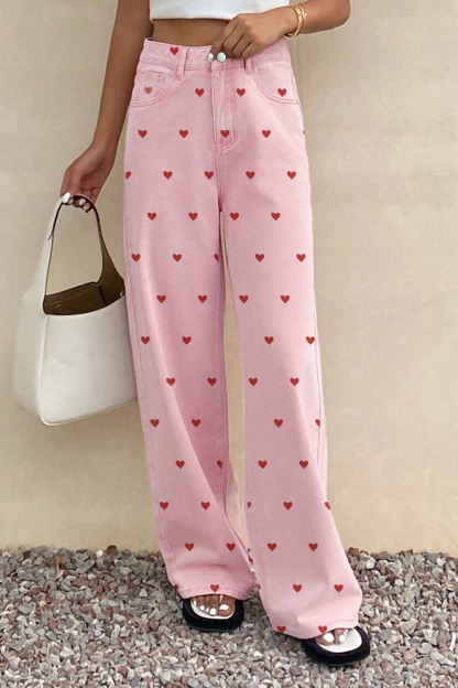 Women's Trendy Pink Jeans With Heart Pattern