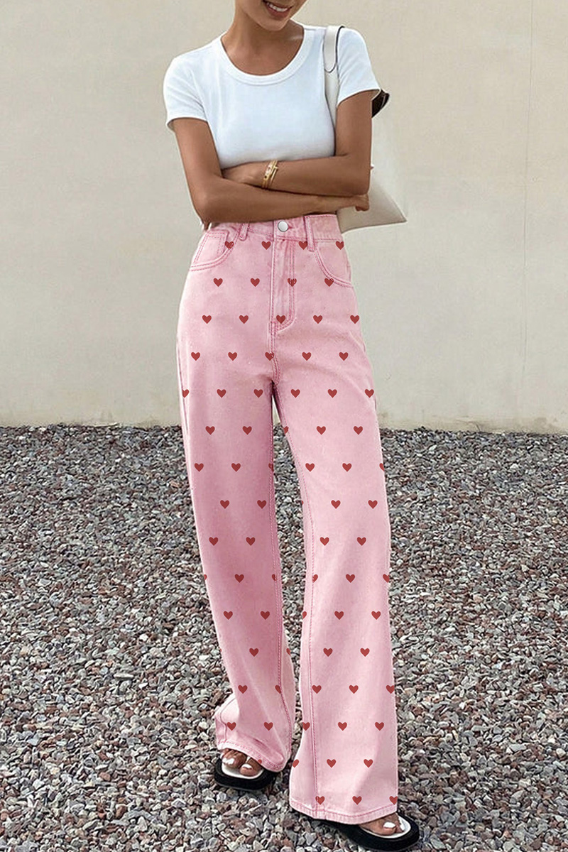 Women's Trendy Pink Jeans With Heart Pattern