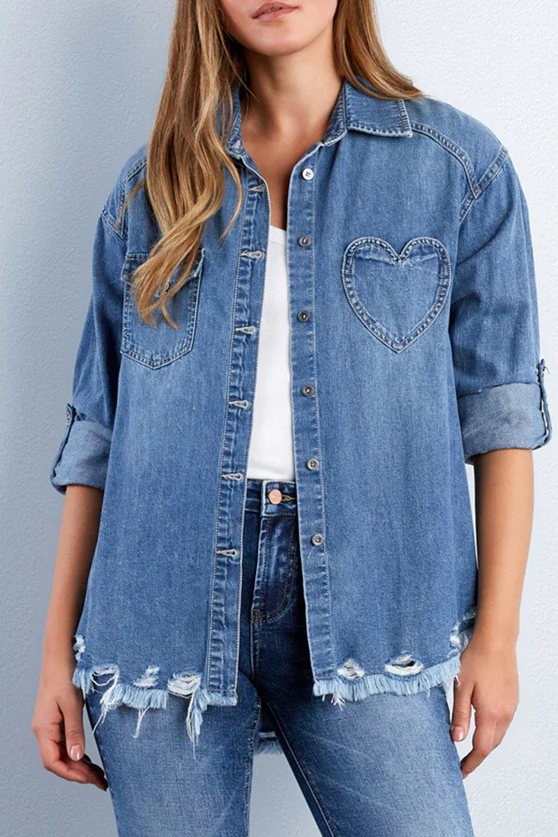 Women’s Modern Asymmetrical Hem Fringe Denim Shirt