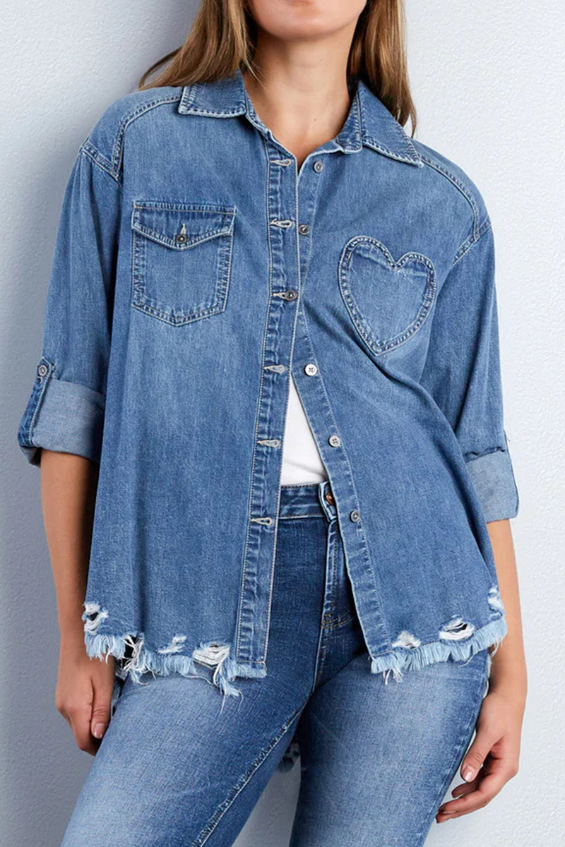 Women’s Modern Asymmetrical Hem Fringe Denim Shirt