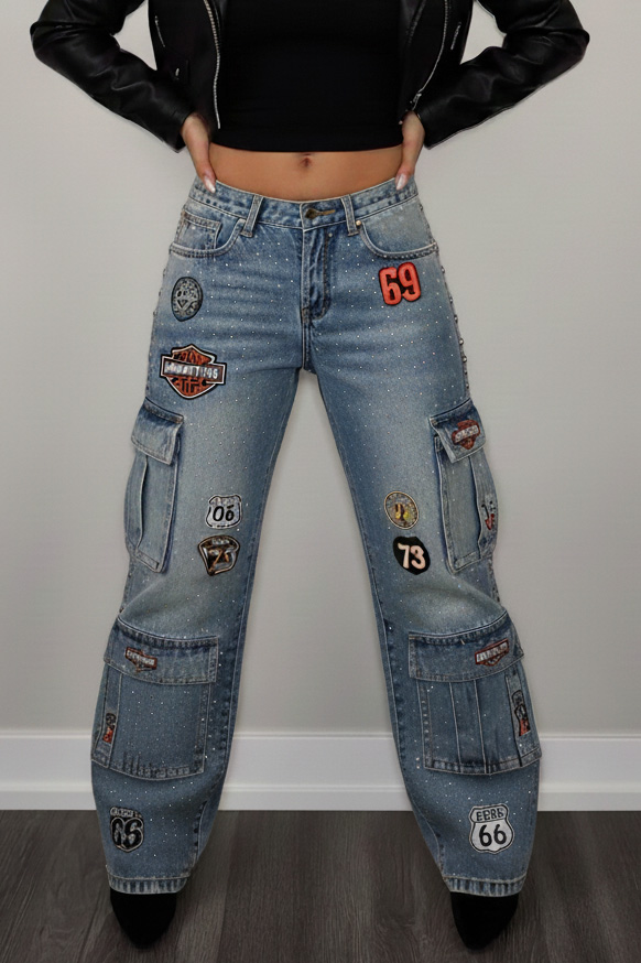 Women's Fashion Printed Street Style Rhinestone Wide Leg Jeans