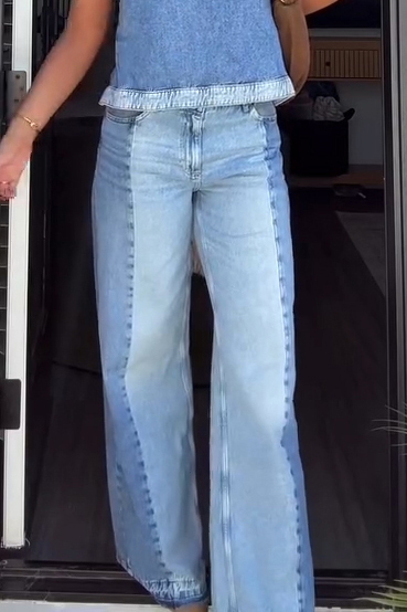 Back Tie Detail Denim Vest With Contrast Panel Jeans Sets