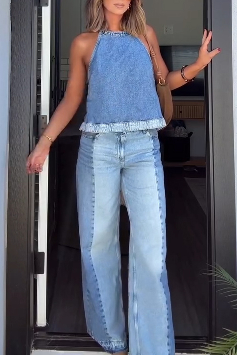 Back Tie Detail Denim Vest With Contrast Panel Jeans Sets