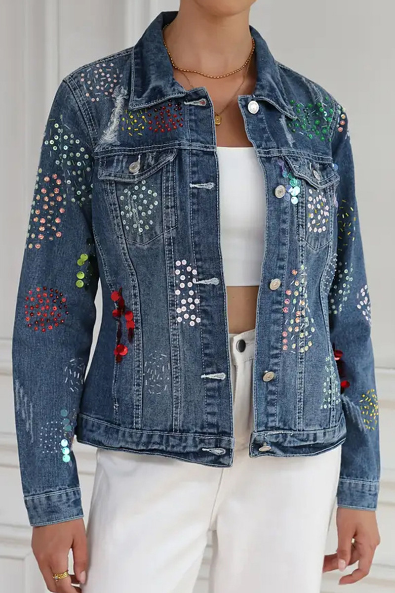 Women's Sparkle Sequins Button Front Denim Jacket