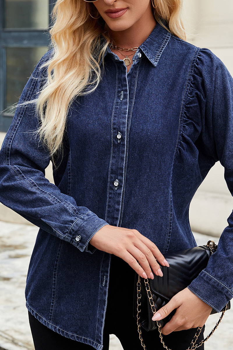 Women's Cropped Denim Shirt With Raw Hem Shoulder Detail