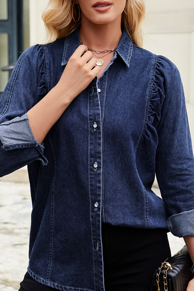 Women's Cropped Denim Shirt With Raw Hem Shoulder Detail