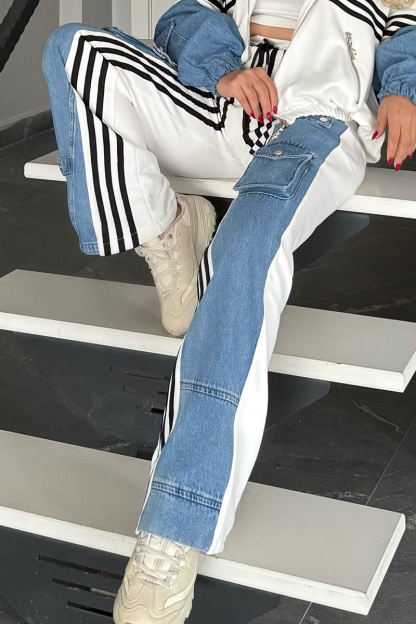 Women's Denim Patchwork Hooded Jacket + Cargo Pockets Side-Panels Jeans Sets