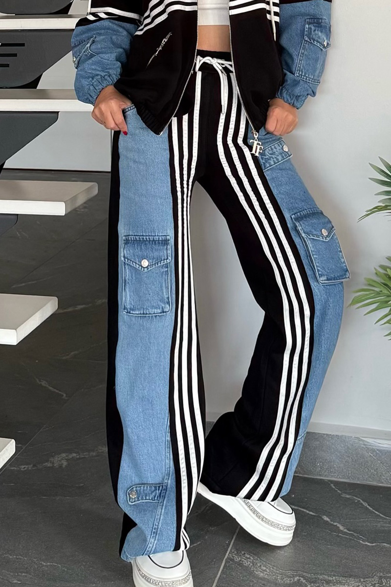 Women's Denim Patchwork Hooded Jacket + Cargo Pockets Side-Panels Jeans Sets