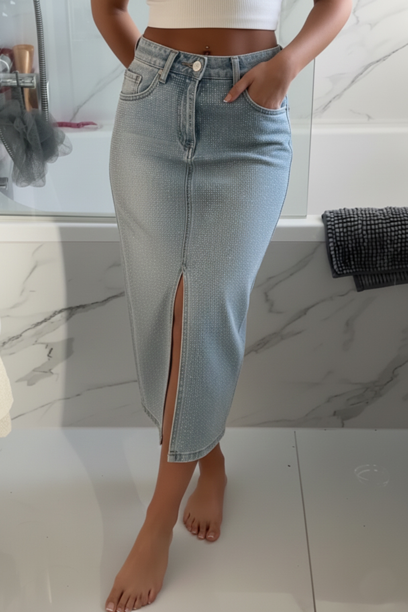 Women's Casual High Slit Denim Skirt With Rhinestones