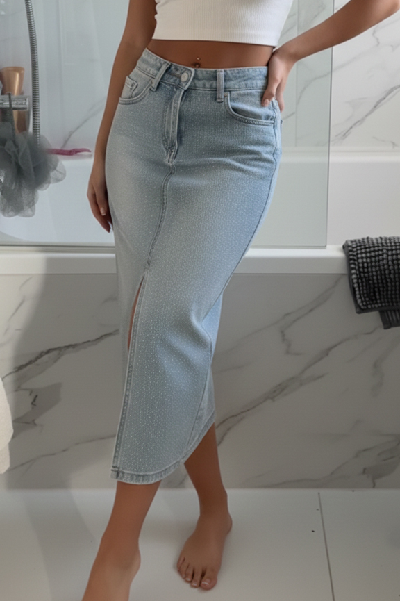 Women's Casual High Slit Denim Skirt With Rhinestones