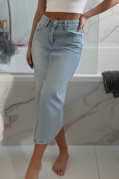 Women's Casual High Slit Denim Skirt With Rhinestones