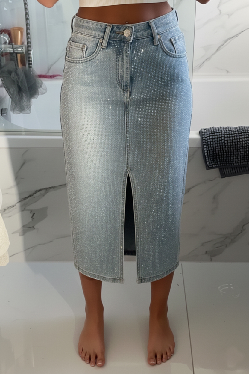 Women's Casual High Slit Denim Skirt With Rhinestones