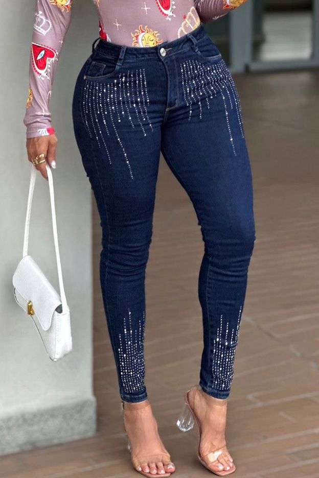 Women's Stylish Striped Rhinestone Accent Skinny Jeans