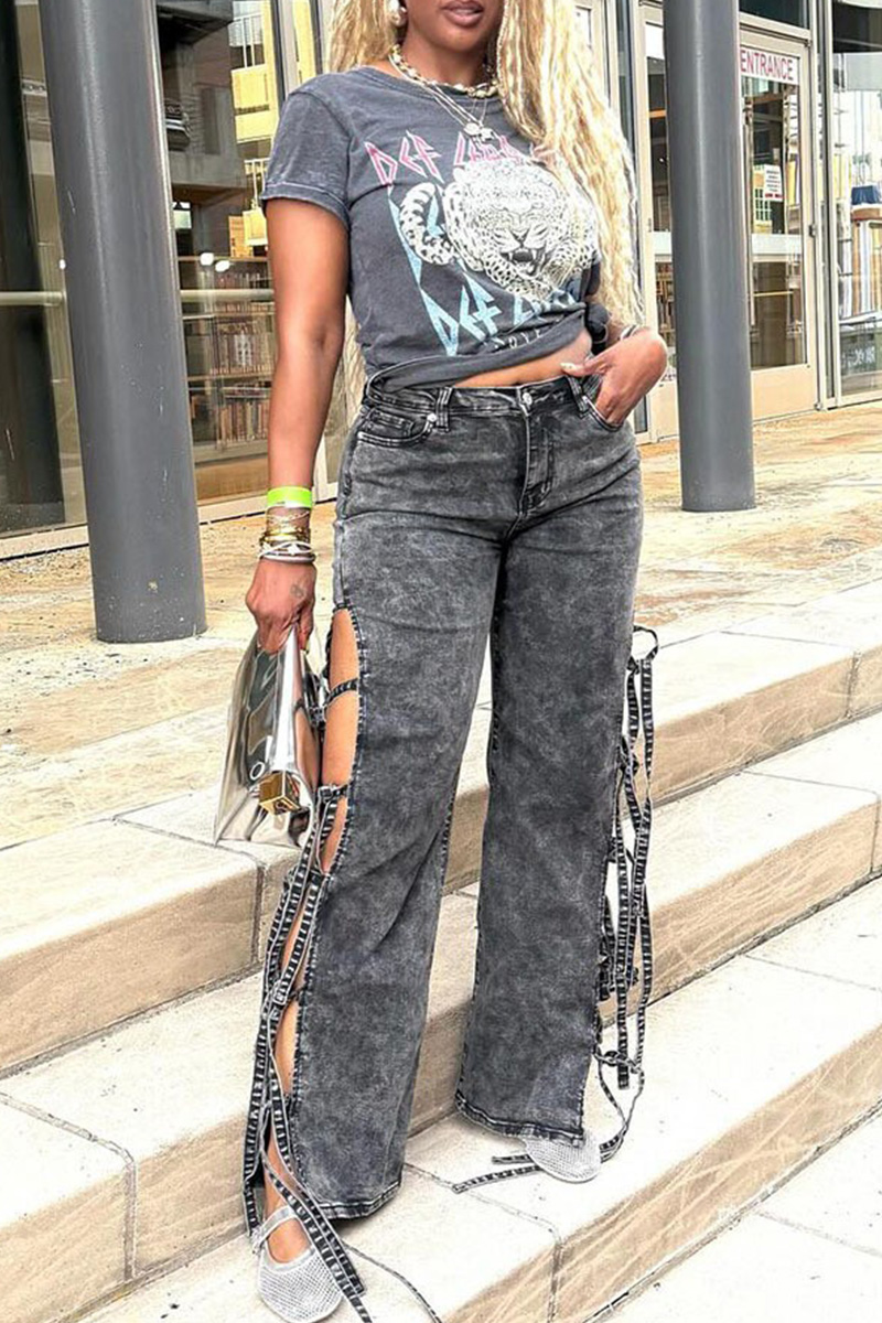 Women's Washed Side Slit Tie High Waist Jeans