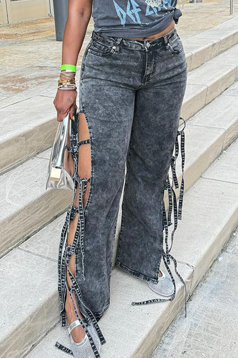 Women's Washed Side Slit Tie High Waist Jeans