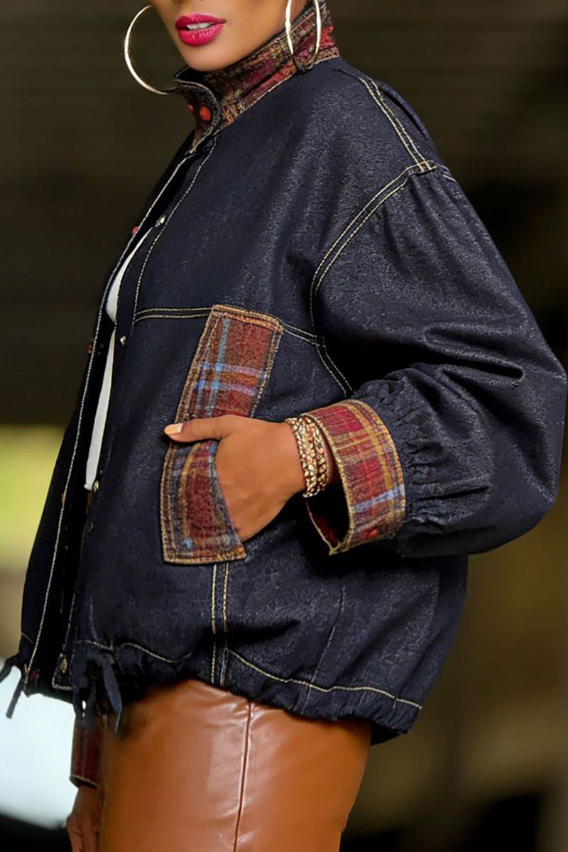 Women's Vintage Plaid Patchwork Denim Jacket In Trendy Style