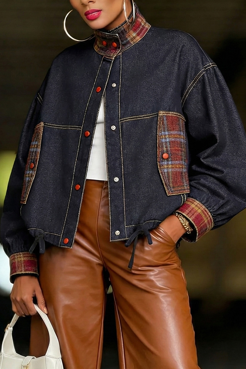 Women's Vintage Plaid Patchwork Denim Jacket In Trendy Style