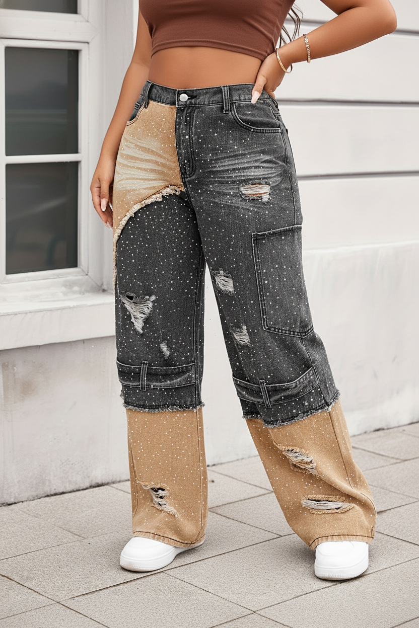 Women's Street Style Patchwork Cargo Jeans With Large Pockets And Rhinestones