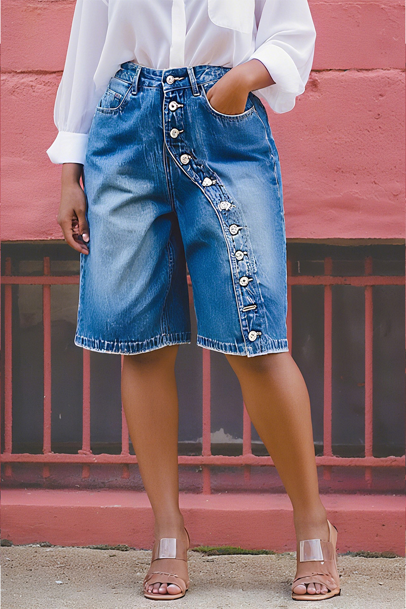 Women's High Waisted Multi-Button Loose Denim Shorts