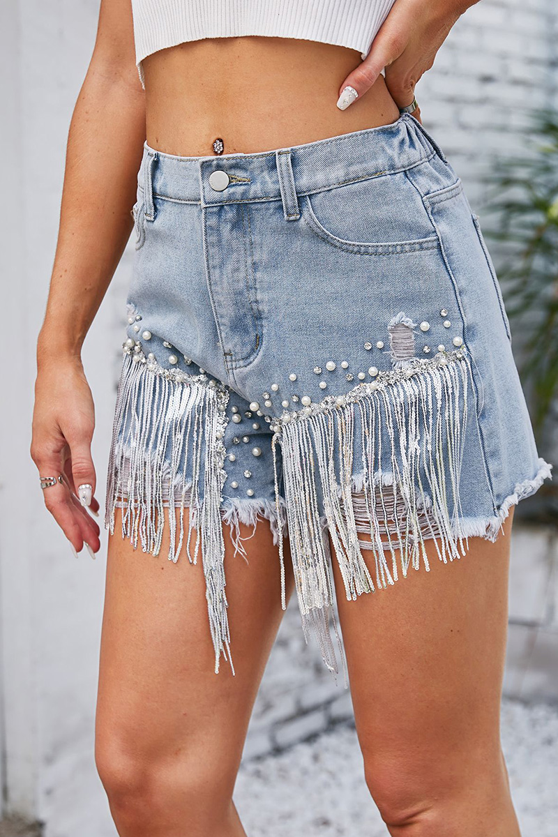 Frayed Hem Rhinestone Embroidered Denim Shorts For Women