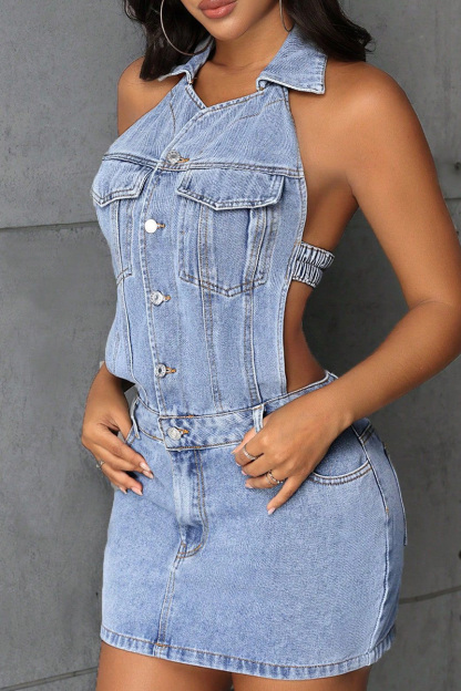 Women‘s’ Sexy Chic Halter Backless Denim Dress