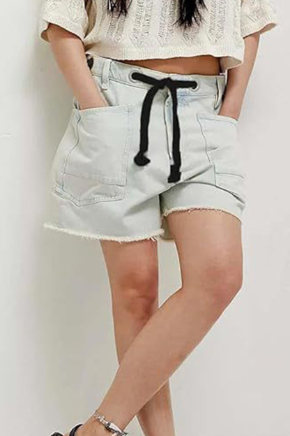 Women's Casual Drawstring Multi Pocket Loose Denim Shorts