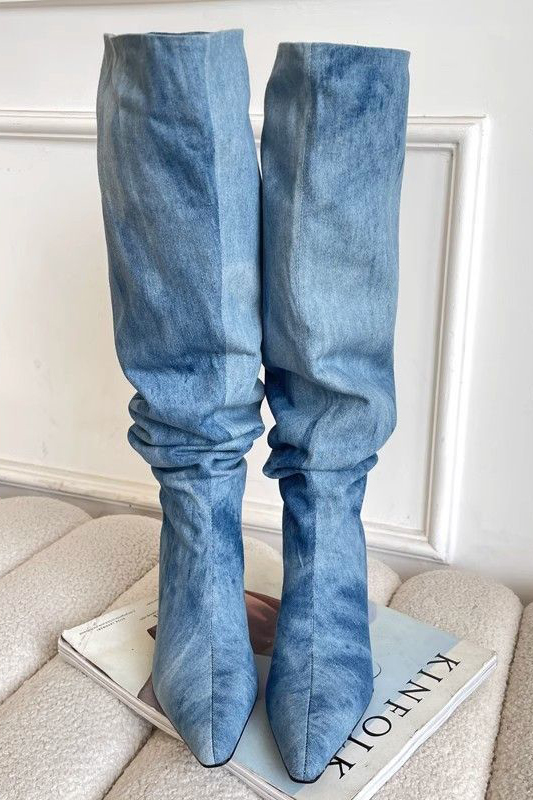 Ladies Pointed Toe High Shaft Stacked Denim Heels