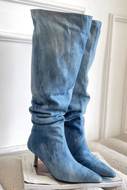 Ladies Pointed Toe High Shaft Stacked Denim Heels