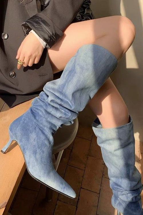 Ladies Pointed Toe High Shaft Stacked Denim Heels