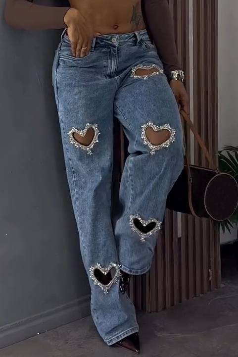 Women's Fashion Heart-shaped Rhinestone Cut-out Washed Jeans