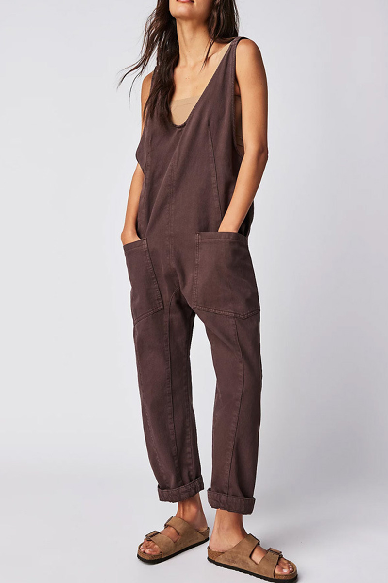 Women's V-Neck and Pockets Strap Denim Overalls