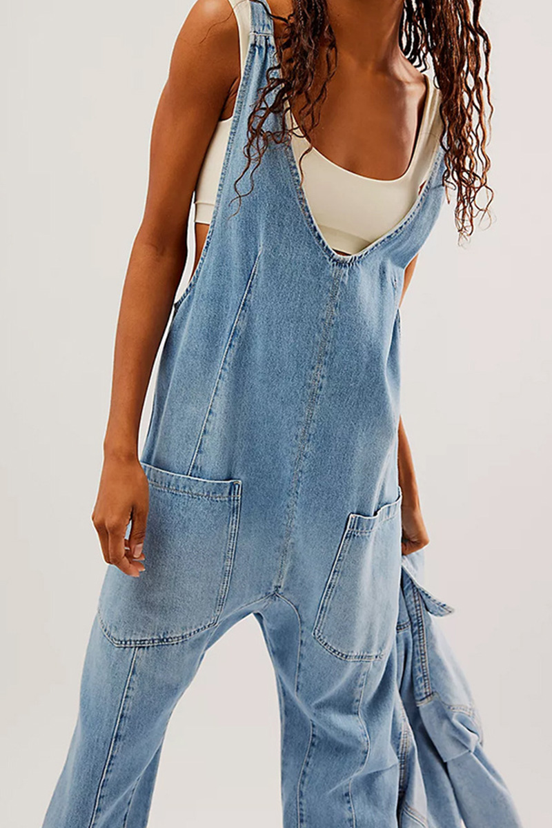 Women's V-Neck and Pockets Strap Denim Overalls