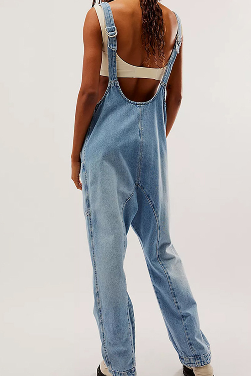 Women's V-Neck and Pockets Strap Denim Overalls